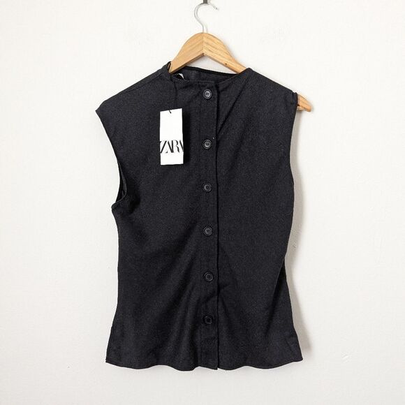 NWT Zara charcoal dark grey wool sleeveless draped ruched button back blouse top - Picture 6 of 7